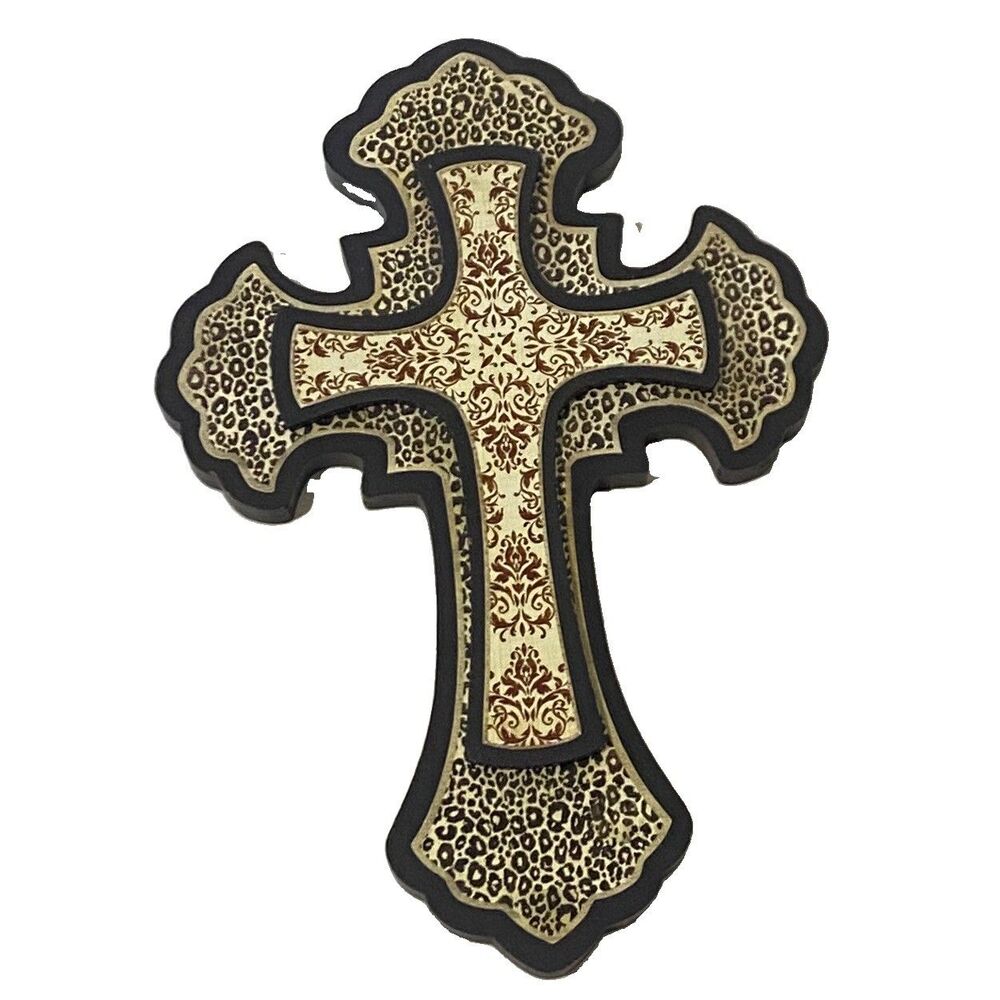 Decorative Wall Cross Western Leopard Print Damask Black Wood Christian Decor